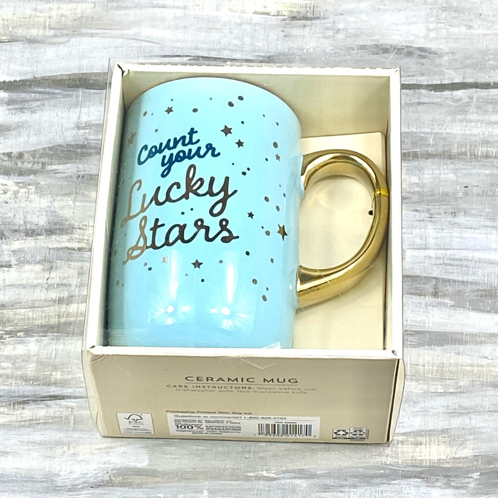 NEW Modern Expressions Ceramic Mug “Count Your Lucky Stars” Blue Gold Large Box